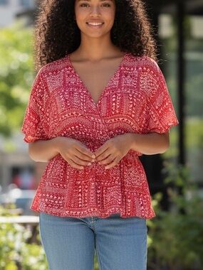 Victoria’s Secret Red Heart Print Peplum Blouse Size XS/S Flowing Top